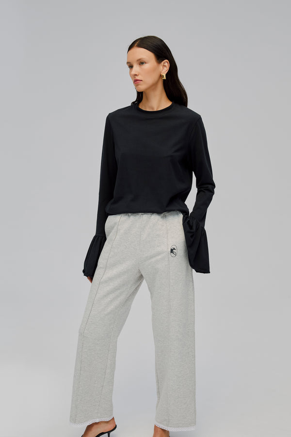 Sleeper Relaxed Stretch-cotton Jersey Pants With Lace In Grey