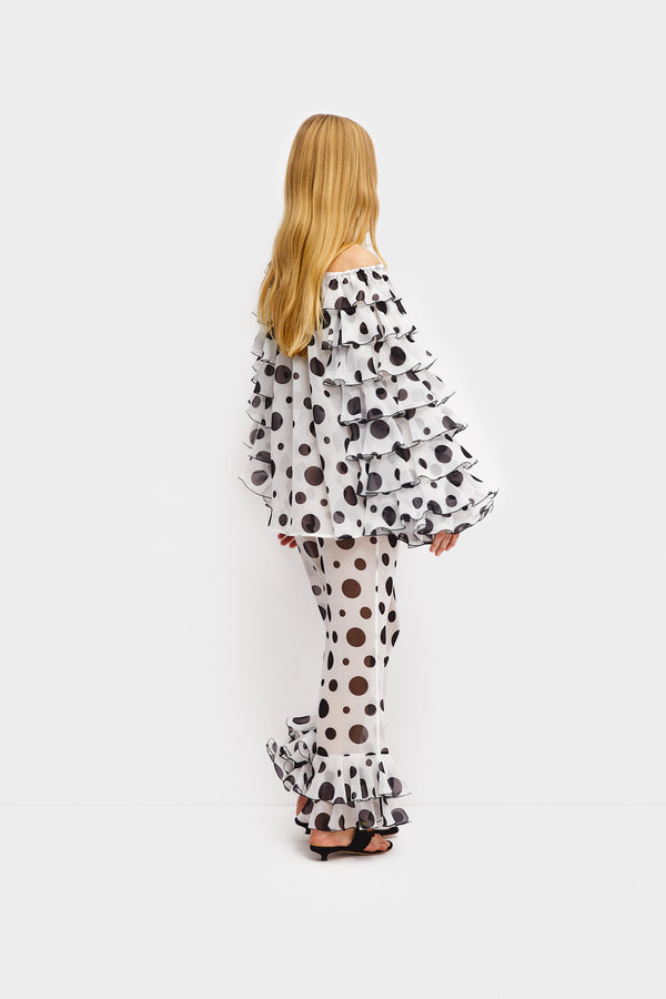 Sleeper Samba Ruffled Chiffon Polka-dot Pants In White