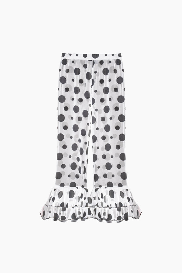 Sleeper Samba Ruffled Chiffon Polka-dot Pants In White
