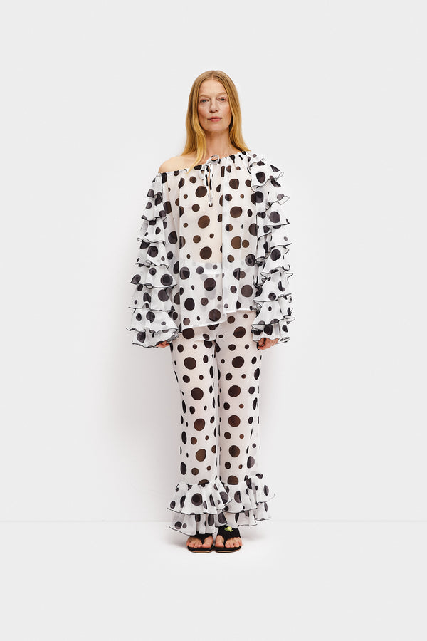 sleeper Samba Ruffled Chiffon Polka-dot Pants in White