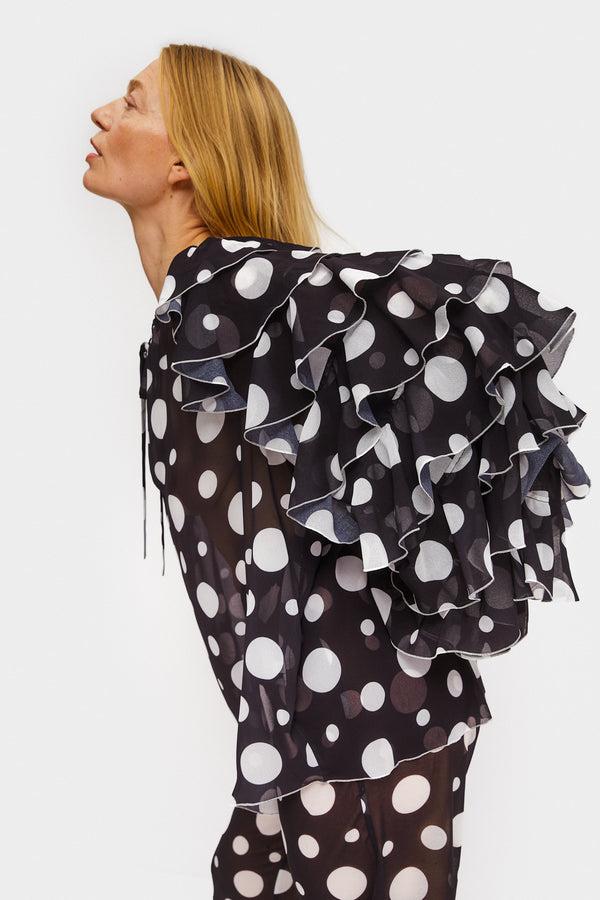 Sleeper Samba Ruffled Chiffon Polka-dot Shirt In Black