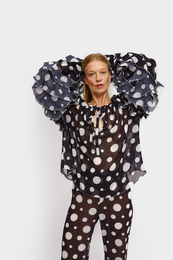 Sleeper Samba Ruffled Chiffon Polka-dot Shirt In Black