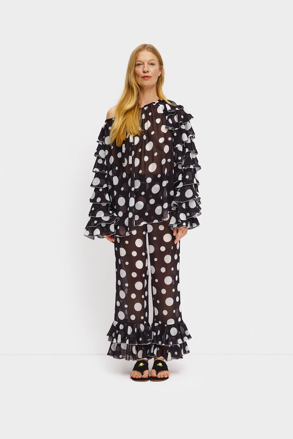 sleeper Samba Ruffled Chiffon Polka-dot Shirt in Black