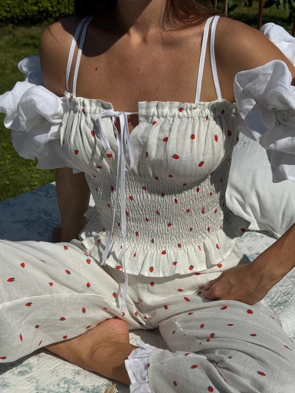 Sleeper Arle Ruffled Linen Top In Strawberries