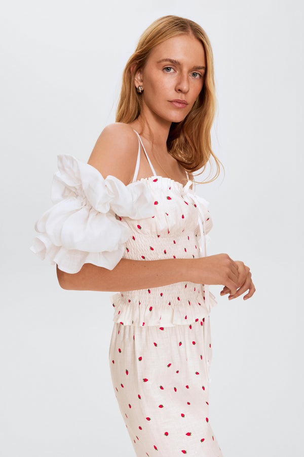 Sleeper Arle Ruffled Linen Top In Strawberries