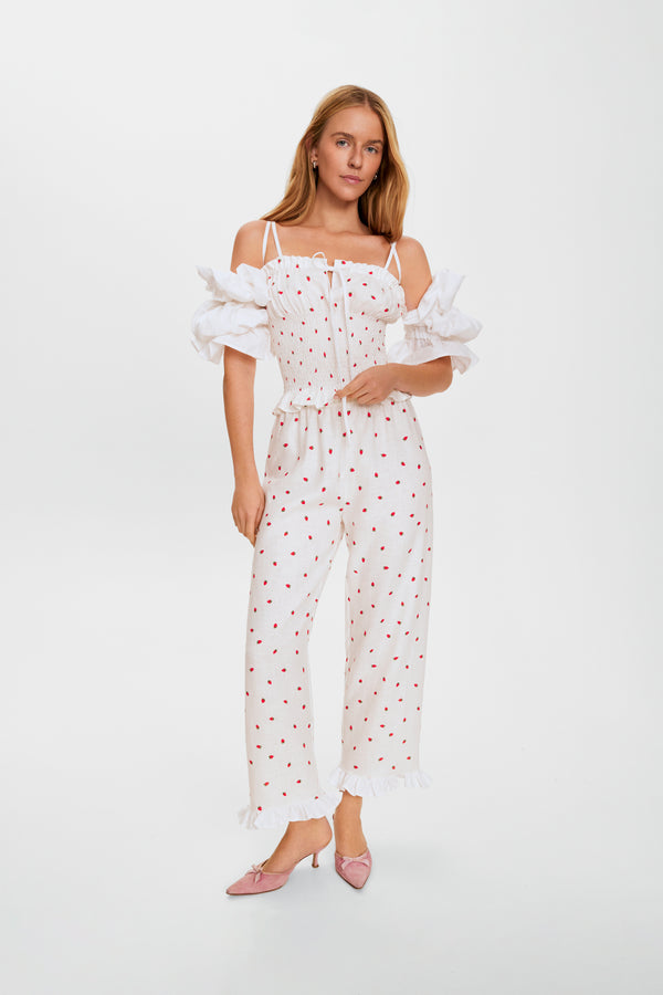 sleeper Arle Ruffled Linen Top in Strawberries