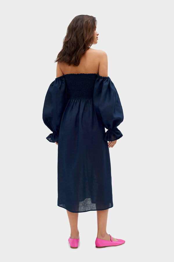 Sleeper Atlanta Linen Dress In Navy