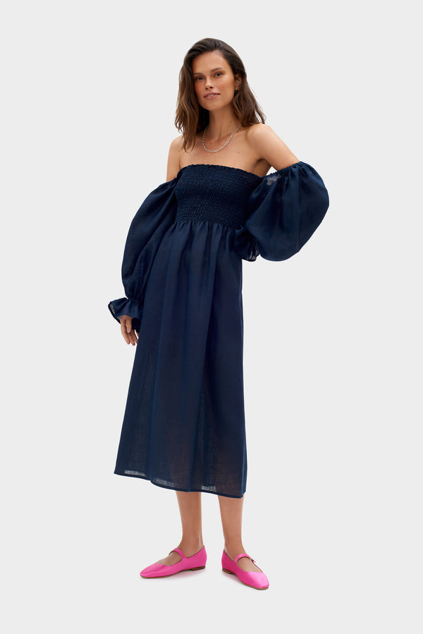 sleeper Atlanta Linen Dress in Navy