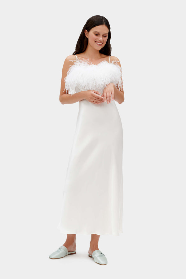 Sleeper Boheme Slip Dress With Feathers In White