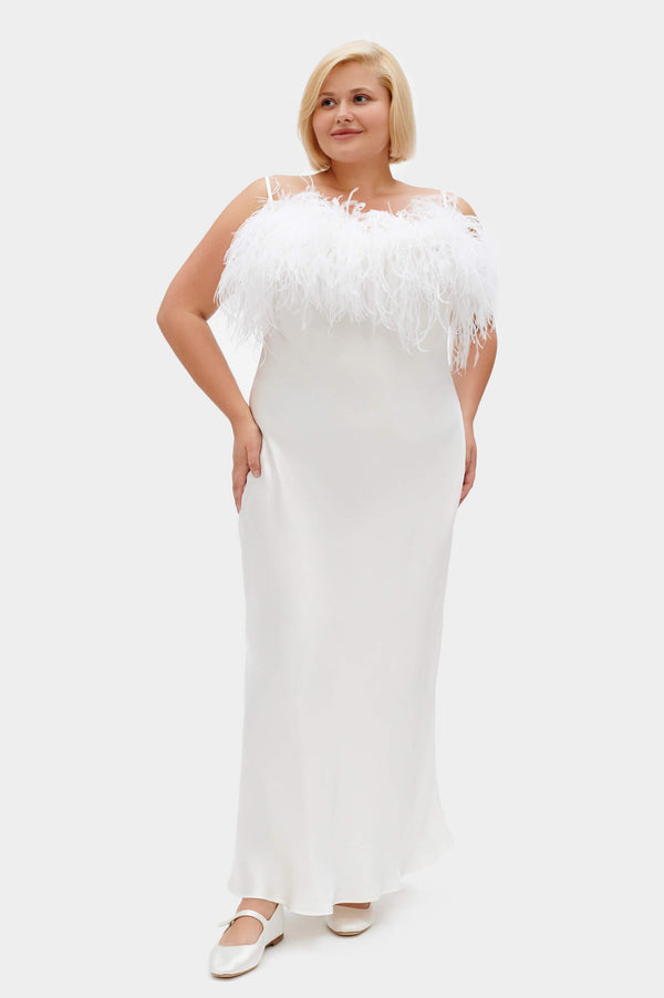 sleeper Boheme Slip Dress with Feathers in White