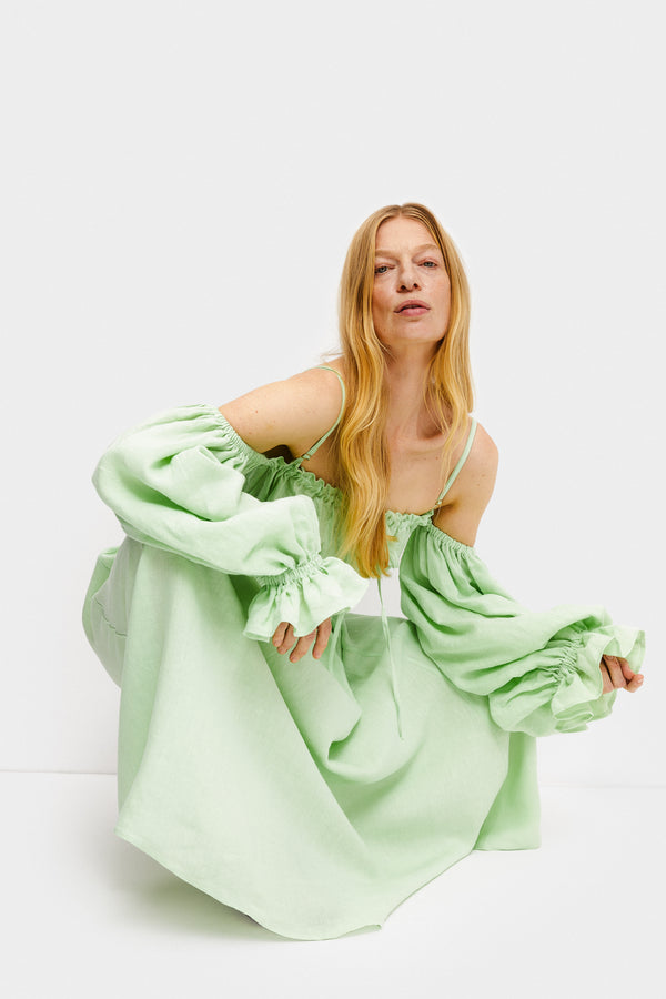 Sleeper Cancan Linen Maxi Dress In Green