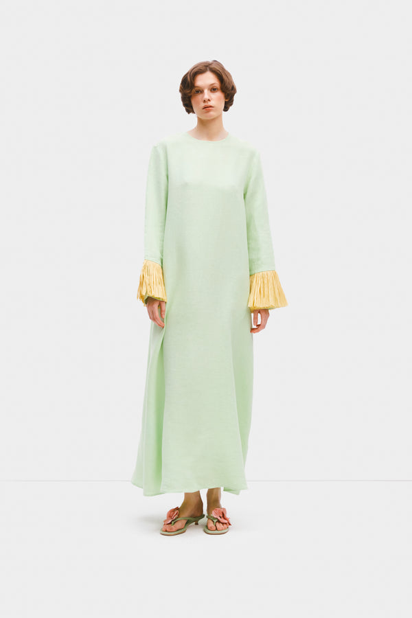 sleeper Crusoe Raffia Linen Maxi Dress in Green