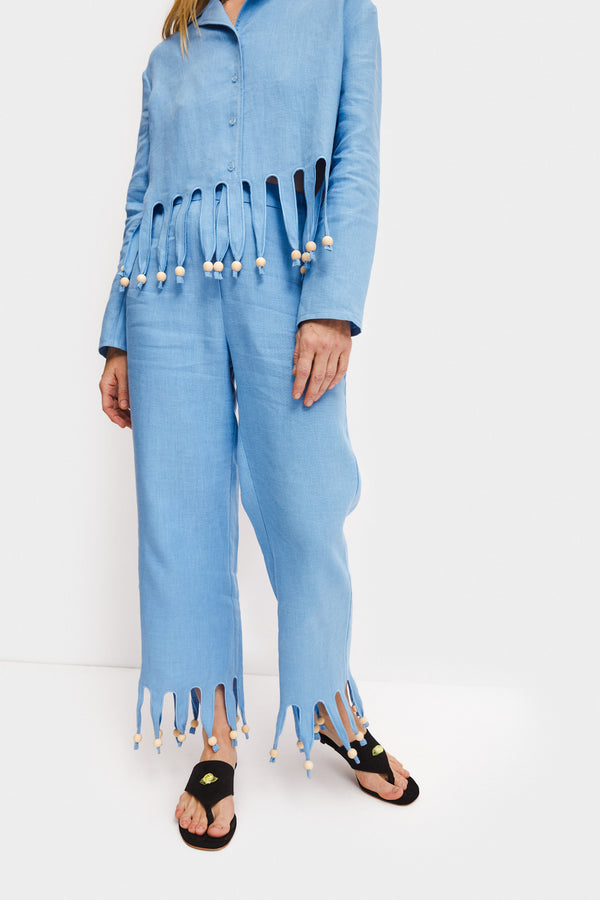 Sleeper Lambada Fringed Linen Pants In Blue