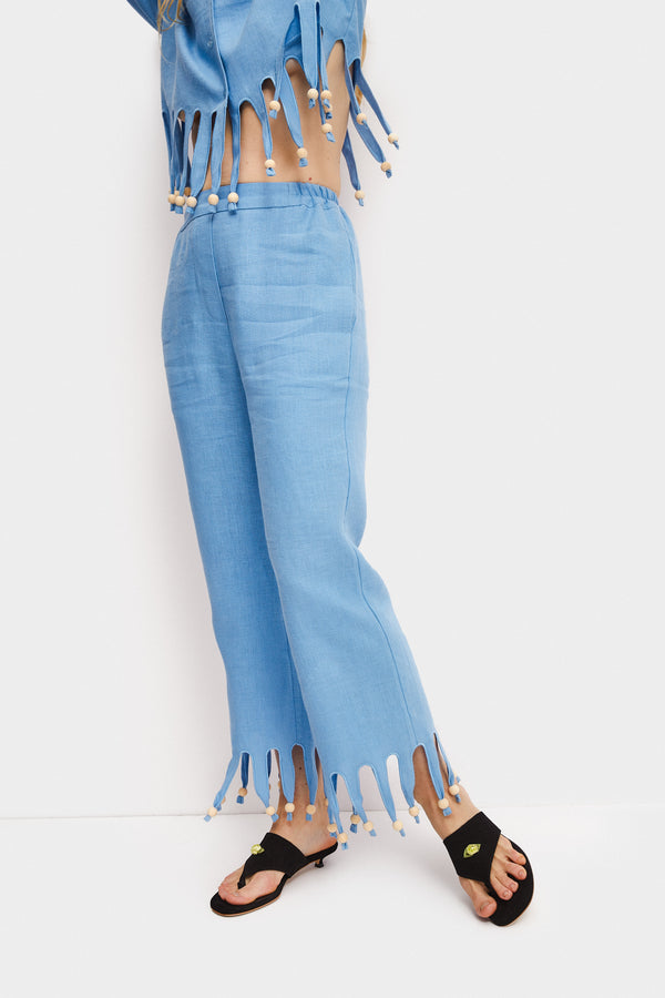 Sleeper Lambada Fringed Linen Pants In Blue