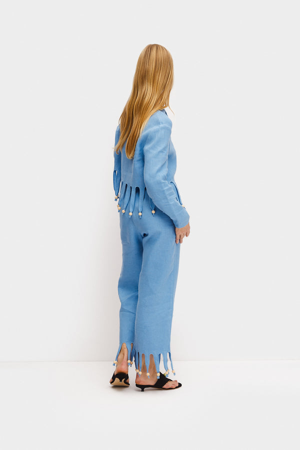 Sleeper Lambada Fringed Linen Pants In Blue