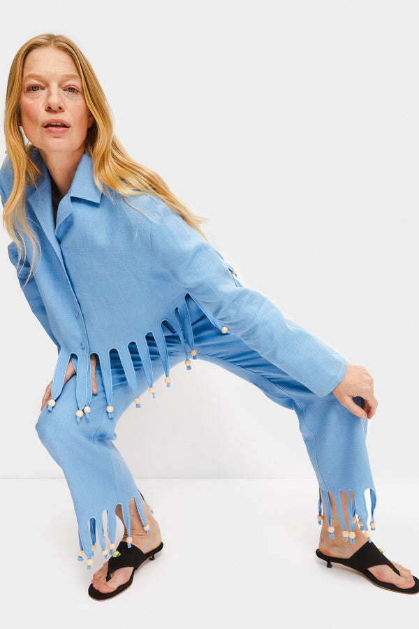 Sleeper Lambada Fringed Linen Shirt In Blue