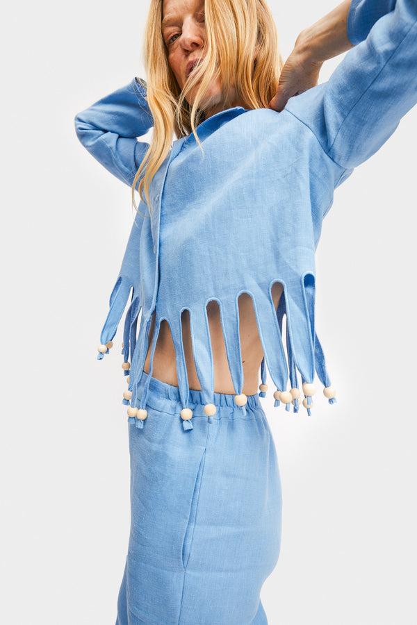 Sleeper Lambada Fringed Linen Shirt In Blue