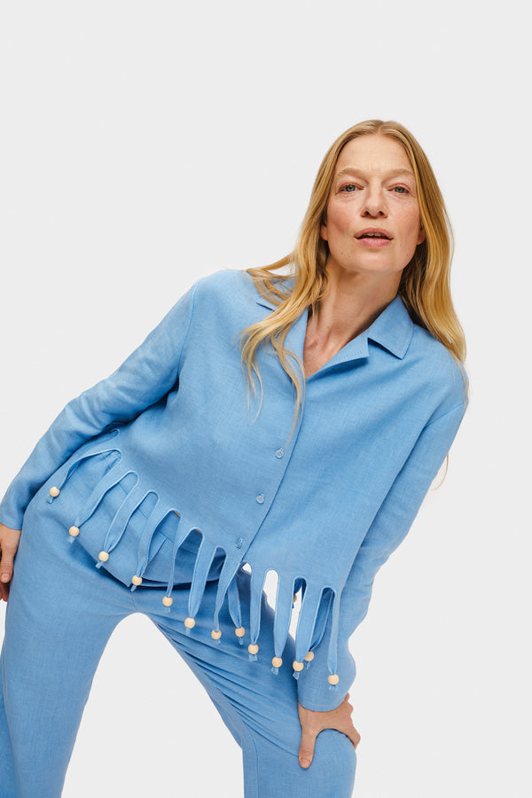 Sleeper Lambada Fringed Linen Shirt In Blue