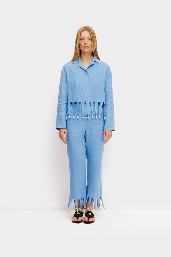 sleeper Lambada Fringed Linen Shirt in Blue