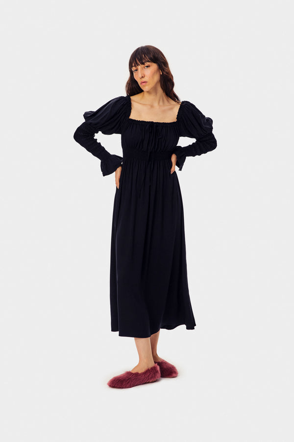 sleeper Paloma Shirred Maxi Dress in Black