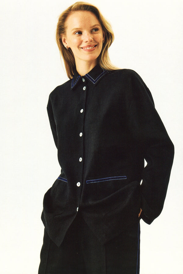 Sleeper Paros Linen Unisex Pajama Shirt In Black
