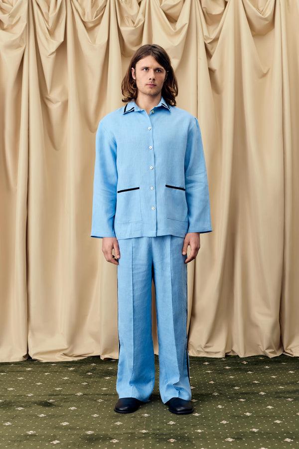 Sleeper Paros Linen Unisex Pajama Shirt In Blue