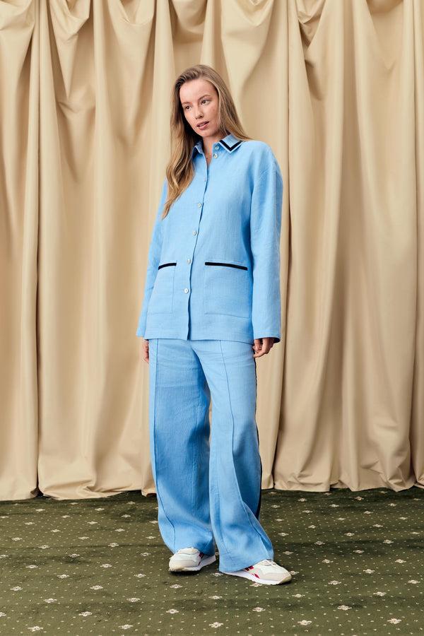 Sleeper Paros Linen Unisex Pajama Shirt In Blue