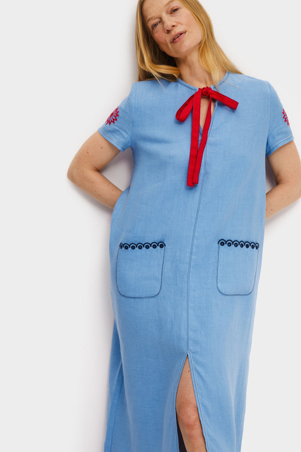 Sleeper Petra Embroidered Linen Maxi Dress In Blue