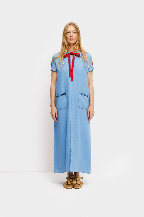 sleeper Petra Embroidered Linen Maxi Dress in Blue
