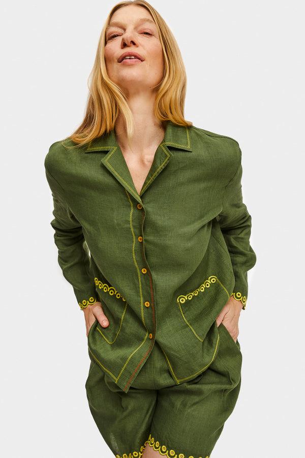 Sleeper Petra Embroidered Linen Shirt In Green