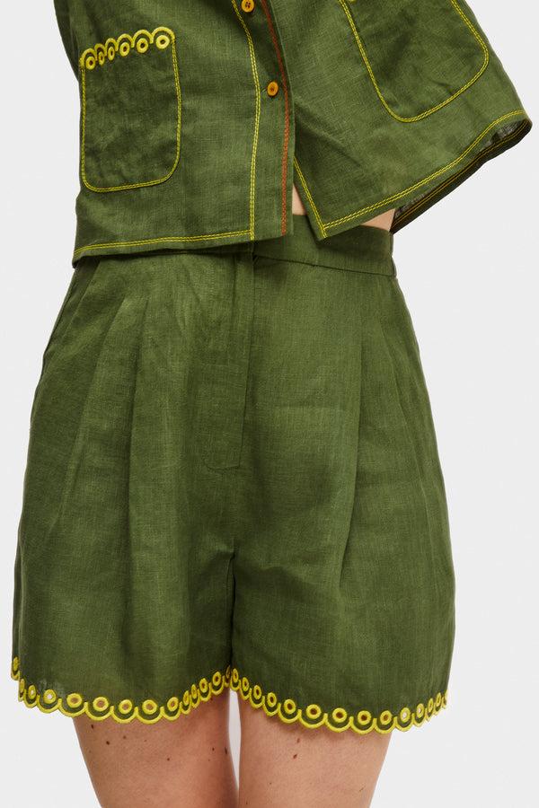 Sleeper Petra Embroidered Linen Shorts In Green