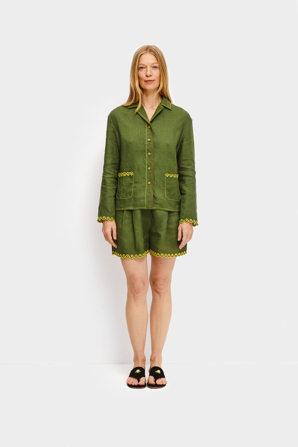 sleeper Petra Embroidered Linen Shorts in Green