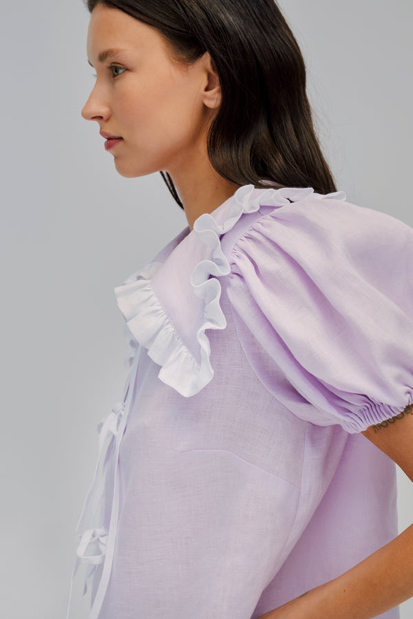 Sleeper Puff Linen Lounge Shirt In Lavender