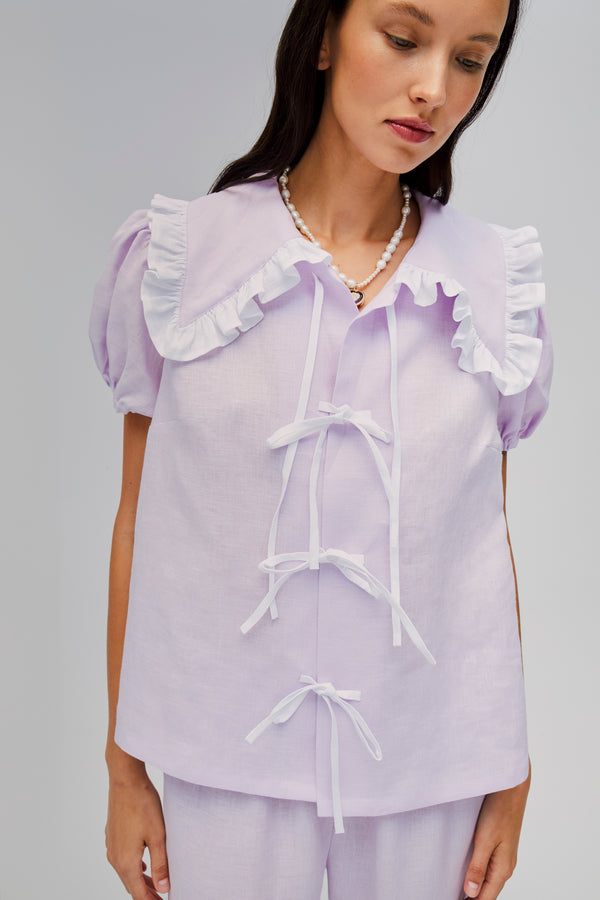 sleeper Puff Linen Lounge Shirt in Lavender