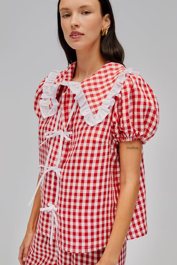 Sleeper Puff Linen Lounge Shirt In Red Vichy