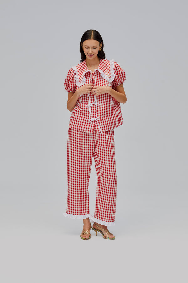 Sleeper Puff Linen Lounge Shirt In Red Vichy