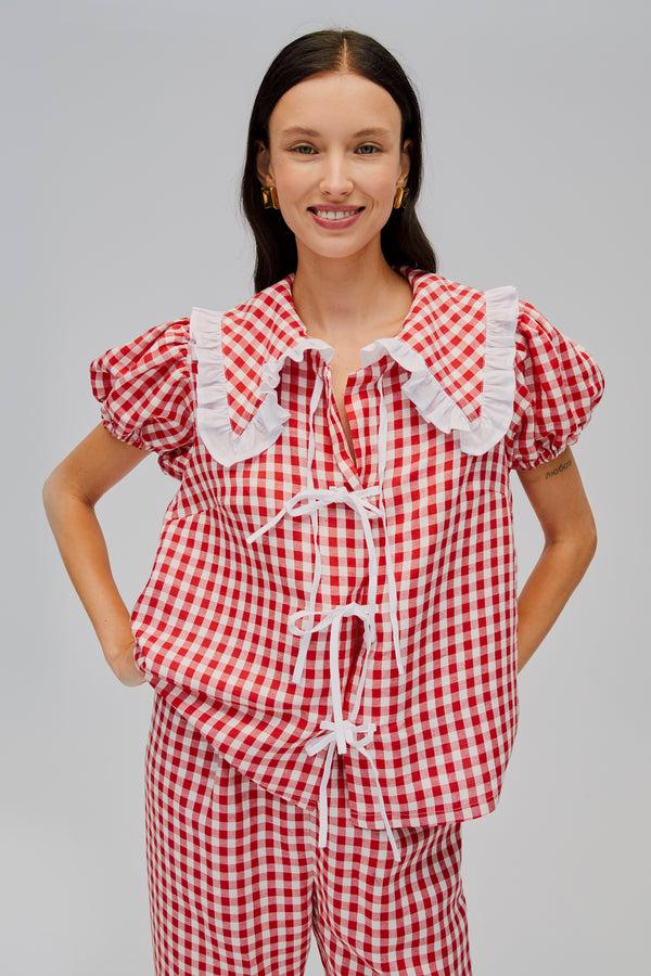 sleeper Puff Linen Lounge Shirt in Red Vichy