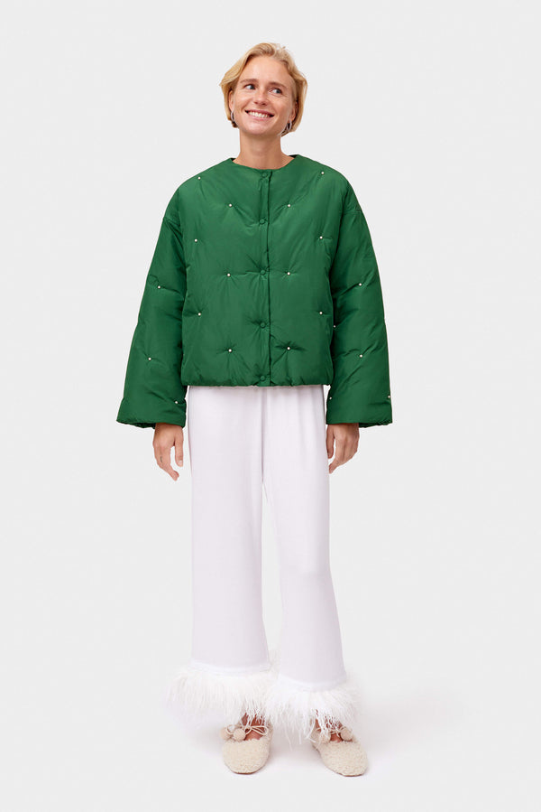 Sleeper Puffer Jacket In Green With Pearl Details