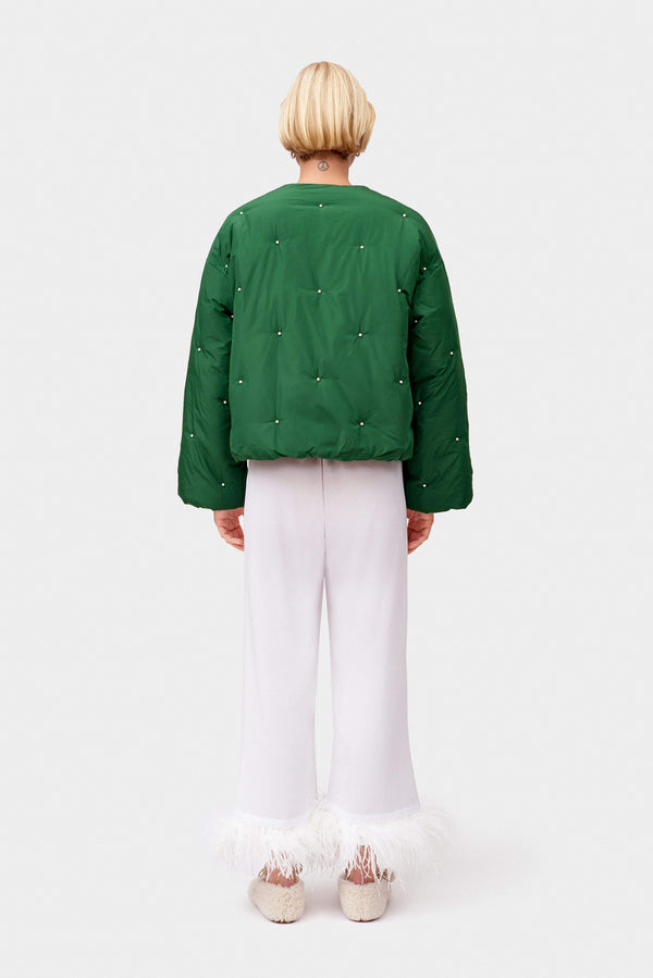 Sleeper Puffer Jacket In Green With Pearl Details