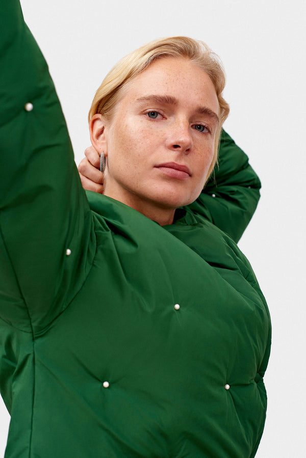 Sleeper Puffer Jacket In Green With Pearl Details