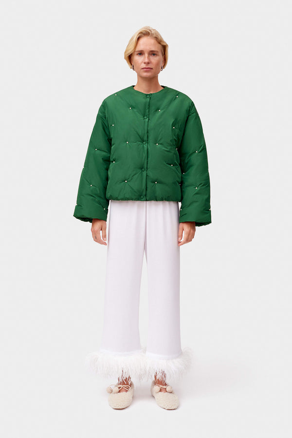 sleeper Puffer Jacket in Green with Pearl details