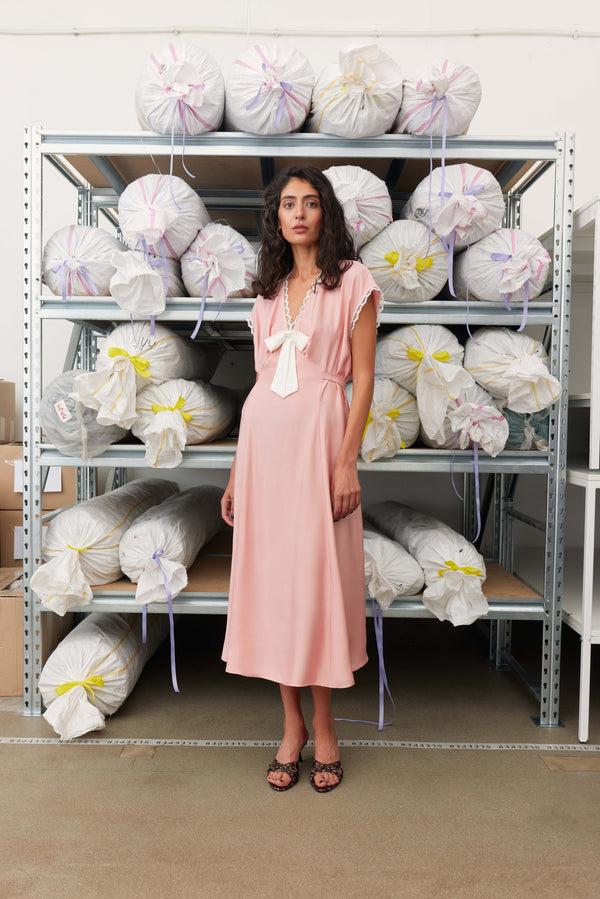 sleeper The Bow Satin Midi Dress in Pink