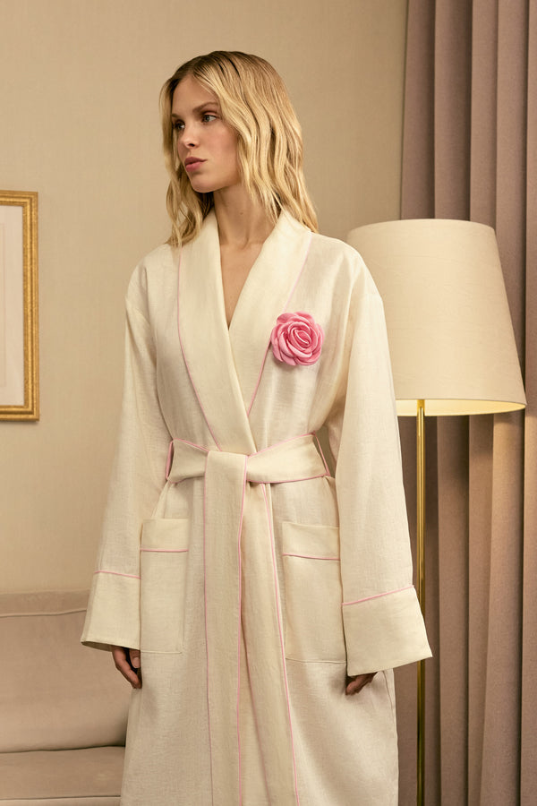 Sleeper The Rose Linen Robe In Milk