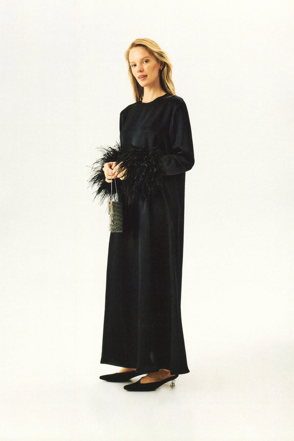 sleeper Suzi Maxi Dress with Detachable Feathers in Black