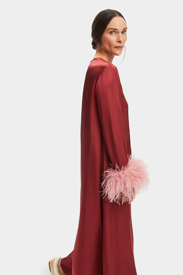 Sleeper Suzi Maxi Dress With Detachable Feathers In Burgundy