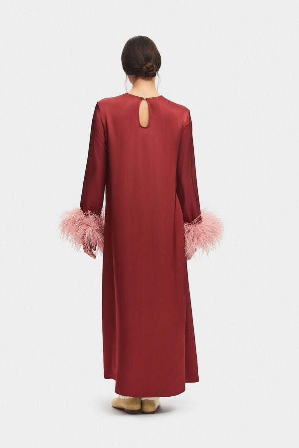 Sleeper Suzi Maxi Dress With Detachable Feathers In Burgundy
