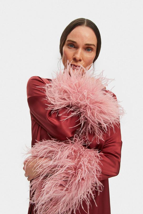Sleeper Suzi Maxi Dress With Detachable Feathers In Burgundy