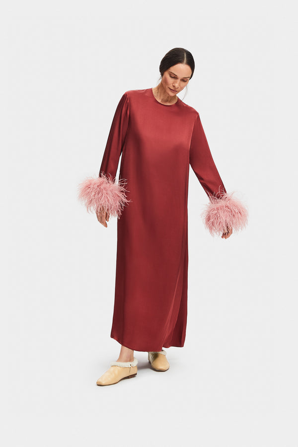 sleeper Suzi Maxi Dress with Detachable Feathers in Burgundy