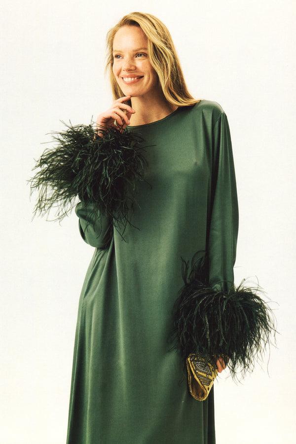 Sleeper Suzi Maxi Dress With Detachable Feathers In Green