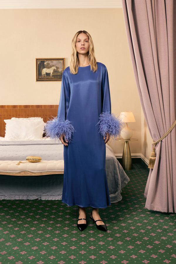 Sleeper Suzi Maxi Dress With Detachable Feathers In Navy